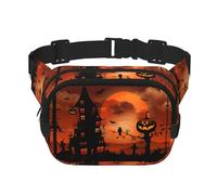 Happy Halloween Sac banane carré double couche avec impression intégrale, tissu sergé durable, sac banane multi-poches pour sports de plein air voyage