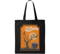Happy Halloween Spooky Witch Chaudron Carte de Vacances Graphique Naturel Écologique Coton Sac Fourre-tout Noir, Noir , Taille unique