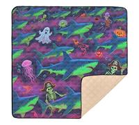 Happy Halloween Tapis de jeu pliable pour bébé Motif tête de mort de requin bleu 127 x 127 cm