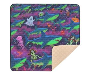 Happy Halloween Tapis de jeu pliable pour bébé Motif tête de mort de requin bleu 127 x 127 cm