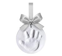 Happy Hands Ornament Jeu d'empreintes pour une main ou une empreinte de bébé en guise de rappel (diamètre : 10,5 cm, manipulation facile, avec pâte à modeler et ruban adaptés à la peau), argent