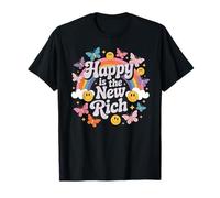 Happy is The New Rich Groovy Retro Hippie Rainbow T-Shirt