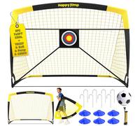Happy Jump But de Football Pop-Up Pliable - 213 x 152 cm, 2 Buts, Noir et Jaune avec Ballon, Pompe, Cônes et Cible | Ensemble d’Entraînement Complet pour Le Jardin et la Famille