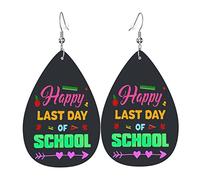 Happy Last Day Of School Boucles d'oreilles en cuir pour femmes Dangle Boucle d'oreille Pendentif avec crochet Cadeaux pour fille adulte