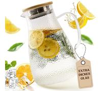 Happy Lemuro Carafe en verre avec couvercle | Carafe à eau de 1,9 l en verre renforcé | Carafe en verre pour boissons chaudes et froides | Théière | Pichet à eau avec couvercle en bambou | Pichet