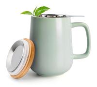 Happy Lemuro Tasse à Thé Avec Infuseur et Couvercle - 500 ml - Céramique - Grande Poignée - Pour Thé en Vrac (Light Mint)