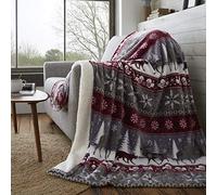 Happy Linen Company Couverture en Polaire Sherpa - Motif Nordique - Chaud/Fausse Fourrure - Bordeaux - Grande Taille