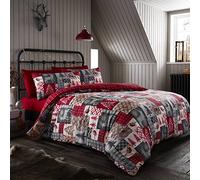 Happy Linen Company Ensemble de literie avec Housse de Couette réversible Rouge, 100% Coton brossé, Patchwork de noël