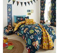 Happy Linen Company Girls Boys Kids Woodland Friends Animals Navy Blue Double Reversible Duvet Cover Bedding Set