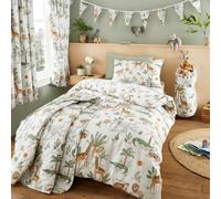 Happy Linen Company Parure de lit réversible douce et facile d'entretien avec housse de couette, draps housses et taie d'oreiller pour enfant Motif animaux de safari de la jungle Ivoire