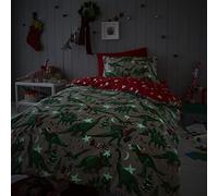 Happy Linen Company Parure de lit réversible - Enfant - Motif Dinosaure de Noël - Taupe Naturel/Phosphorescent - lit bébé/Enfant