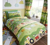 Happy Linen Company Parure de lit réversible - Enfant - Motif Vie à la Ferme - Vert/Jaune - lit 1 Personne