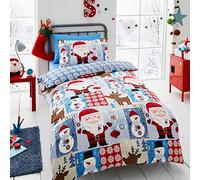 Happy Linen Company Parure de lit réversible - Enfant - Patchwork à Motif Père Noël - Bleu - Parure de lit 1 Personne