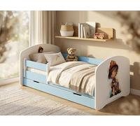Happy Lit junior 144 x 82 cm avec coffre de lit | Lit enfant avec protection contre les chutes | Décor bleu pour chambre d'enfant | Lit complet stable | Voitures (n° 136)
