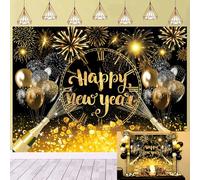 Happy New Year Backdrop Noir et Or Photographie Backdrop Nouvel an Gala décoration bannière 2024 Nouvel an Feux d'artifice Fond Photo