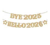 Happy New Year Guirlande dorée Happy New Year 2026 - Décoration de fête - Guirlande Happy New Year 2025 Hello 2026 - Décoration dorée pour fête du Nouvel An - Accessoires photo d'intérieur