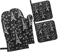 Happy New Year Paris Gants de Four et Maniques Ensemble de Cuisine, 4 Pcs Gants de Cuisine Résistants à la Chaleur Hot Pads pour BBQ Cuisson Grillades