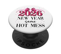 Happy New Year Same Hot Mess 2026 New Year Coquette Pink Bow PopSockets PopGrip Adhésif