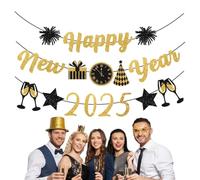 Happy New Year Signe Bannière Bonne Année 2025 - Paillettes Nouvel An Décorations 2025 - Brillant Noir Or Nouvel An Décorations 2025