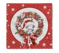 HAPPY PAPER Lot de 20 serviettes de Noël Kitty Cat en tissu 3 couches, pliage 1/4, 33 x 33 cm, design : chaton mignon encadré par une couronne de Noël festive
