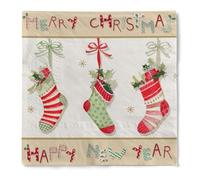 HAPPY PAPER Lot de 20 serviettes de Noël Santa Socks, en tissu 3 couches, pliage en 1/4, 33 x 33 cm, 33 x 33 cm, avec trois bas de Noël en tricot décorés de nœuds