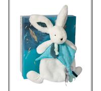 Doudou et Compagnie – Doudou lapin plat 25 cm Collection Happy Pop blanc/bleu pompon paon DC3745