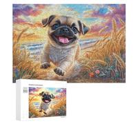 Happy Pug dans Le Champ de blé coloré Puzzle 300 Pièces pour Seniors Activité À Domicile Entretien Cognitif Cadeau pour Aînés 300 PCS