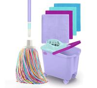 Happy Rainbow - Serpillière avec Manche Pliable, Seau à roulettes et 4 lavettes en Microfibre recyclée kit de Nettoyage Durable pour Maison sols et Tous Types de Surfaces