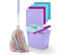 Happy Rainbow - Serpillière avec Manche Pliable, Seau et 4 lavettes en Microfibre recyclée kit de Nettoyage Durable pour Maison sols et Tous Types de Surfaces