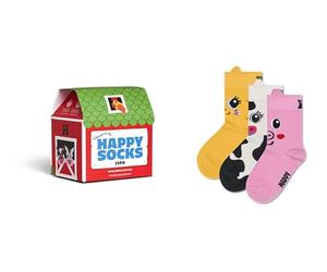 Happy Socks Chaussettes pour enfants, motif animaux de la ferme, dans un coffret cadeau : vache, cochon et chat, lot de 3, pour les 7 à 9 ans
