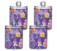 Happy Various European Summer Blossoms Lot de 4 boîtes de rangement en plastique transparent avec couvercle pour cotons-tiges, cotons-tiges, cure-fil, trombones, pinces à cheveux
