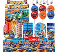 Happy Wheels - fournitures de fête d'anniversaire, ensemble de vaisselle à thème de voiture de course, tasses, assiettes, ballons, sacs cadeaux pour enfants garçons 6Pcs Hangings