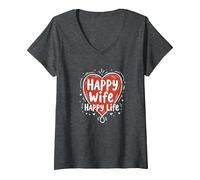 Happy Wife Happy Life: Loving Marriage Citation T-Shirt avec Col en V, Femme, Chiné Foncé, M