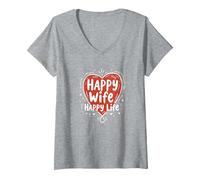 Happy Wife Happy Life: Loving Marriage Citation T-Shirt avec Col en V, Femme, Gris Chiné, XL