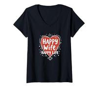 Happy Wife Happy Life: Loving Marriage Citation T-Shirt avec Col en V, Femme, Noir, XL