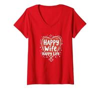 Happy Wife Happy Life: Loving Marriage Citation T-Shirt avec Col en V, Femme, Rouge, S