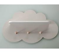 Happy Woody Étagère flottante avec crochets, étagère en forme de nuage avec boutons, étagère pour chambre d'enfant, cintres en bois, décoration murale, meubles pour bébé et enfant (gris clair)