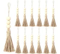 Happyay Lot de 12 pompons en corde de jute avec 3 perles en bois, perles de ferme avec pompons décoratifs à suspendre pour poignée de porte de placard