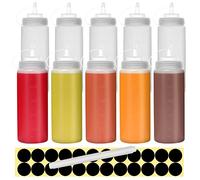 Happybase Lot de 10 bouteilles compressibles de 500 ml avec bouchons, distributeurs de sauce en plastique avec mesures pour ketchup, barbecue, sauces, sirop, vinaigrettes