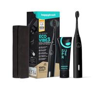 happybrush Brosse à dents électrique Eco Vibe 3 - Kit de démarrage - Brosse à dents sonique avec batterie puissante de 6 semaines - Avec dentifrice au charbon actif et étui de voyage - Noir