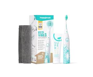 happybrush® Brosse à dents sonique électrique Eco VIBE 3 - Brosse à dents durable avec 6 semaines de batterie d'alimentation avec trousse de voyage et dentifrice SuperWhite - Blanc/Menthe