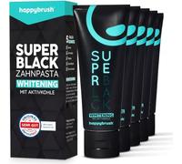 happybrush Dentifrice Végane au Charbon Actif SuperBlack - Goût Menthe - Pack de 5 - Dentifrice Noir pour Dents Blanches et Blanchiment - Pack Économique (5 x 75ml)