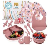 HappyDoo Coffret Repas Bébé en Silicone 12 Pièces | Assiette à Ventouse + Bol + Tasse 3en1 + Couverts + Bavoirs Imperméables + Tétine Grignoteuse | Sans BPA | Compatible Micro-ondes et Lave-vaisselle