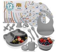 HappyDoo Coffret Repas Bébé Silicone 12 Pièces | Assiette à Ventouse + Bol + Tasse 3 en 1 + Couverts + Bavoirs Imperméables + Tétine Grignoteuse | Sans BPA | Compatible Micro-ondes et Lave-vaisselle