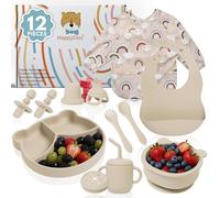 HappyDoo Coffret Repas Bébé Silicone 12 Pièces | Assiette à Ventouse + Bol + Tasse 3 en 1 + Couverts + Bavoirs Imperméables + Tétine Grignoteuse | Sans BPA | Compatible Micro-ondes et Lave-vaisselle