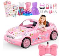 HappyGoLucky Voiture Télécommandée pour Fille 3 4 5 6 7 8 Ans, Jouet RC avec Poupée & 3 Tenues, 12 Accessoires + Licorne & Autocollants Cœur - Cadeau pour Fille 3-12 Ans - Cadeaux de Noël Enfants