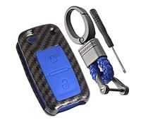 Happyit Coque en Fibre de Carbone ABS + étui en Silicone pour Clé de Voiture fit pour VW Volkswagen Amarok Polo Golf 4 5 6 MK4 Bora Jetta 2 Boutons (Bleu)