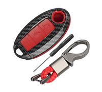 Happyit Coque en Fibre de Carbone ABS + Silicone Clé de Voiture Couverture Cas Porte-clés pour Nissan 3 Boutons (Rouge)