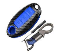 Happyit Coque en Fibre de Carbone ABS + Silicone Clé de Voiture Couverture Cas Porte-clés pour Nissan 3 Boutons (Bleu)