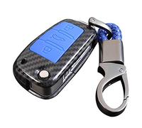 Happyit Coque en Fibre de Carbone ABS + Silicone Clé de Voiture Couverture Cas pour Audi Sline A3 A5 Q3 A6 C5 C6 A4 B6 B7 B8 TT 80 S6 3 Boutons Porte-clés (Bleu)